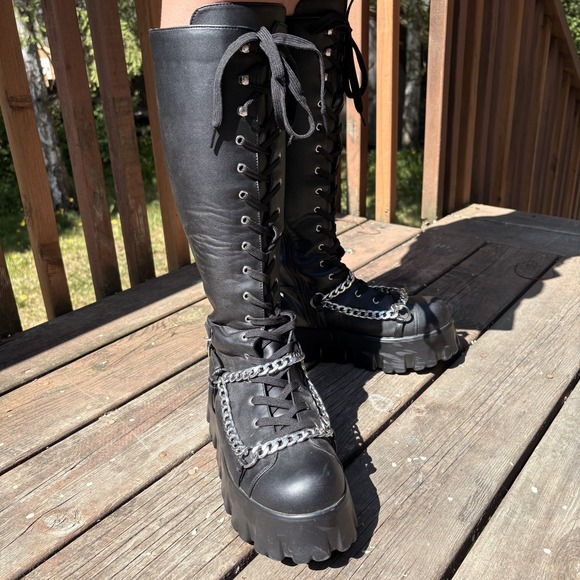 Cape Robbin Shoes - Cape Robbin Emo Stomp Platform Boots Black Chain Y2K Chunky Lace Up Zip Knee 10